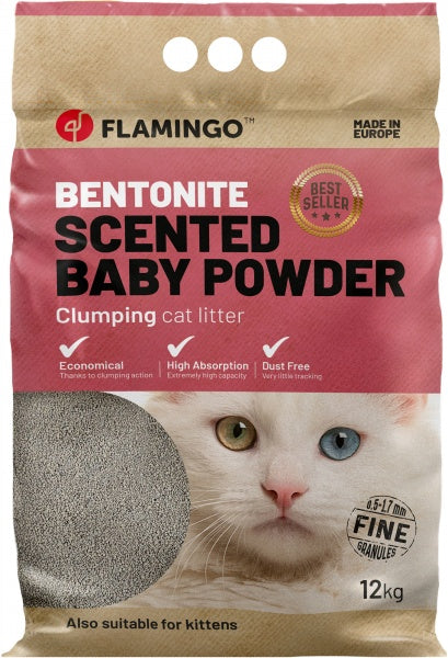 Flamingo Комкующийся Наполнитель для Кошачьего Туалета Baby Powder для Кошек и Котят, Бентонитовый 12кг