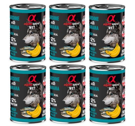 6x Alpha Spirit Wet Food for Dogs Sardine with Banana 400g